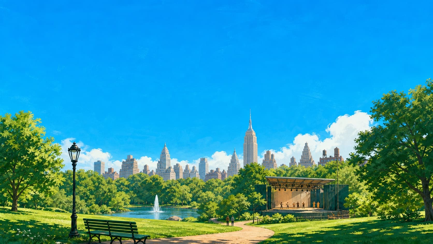 Illustrated Central Park at midday: a rehearsal on an open-air stage below the Midtown Manhattan skyline.